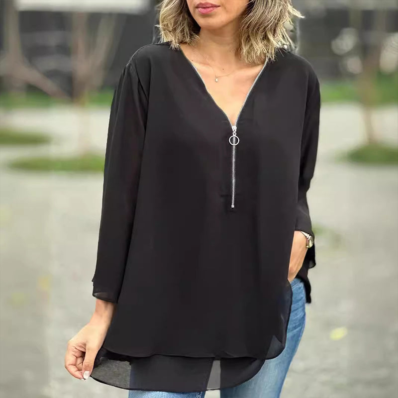 Fashionable Heidi - V-neck Flowy Zipped Top