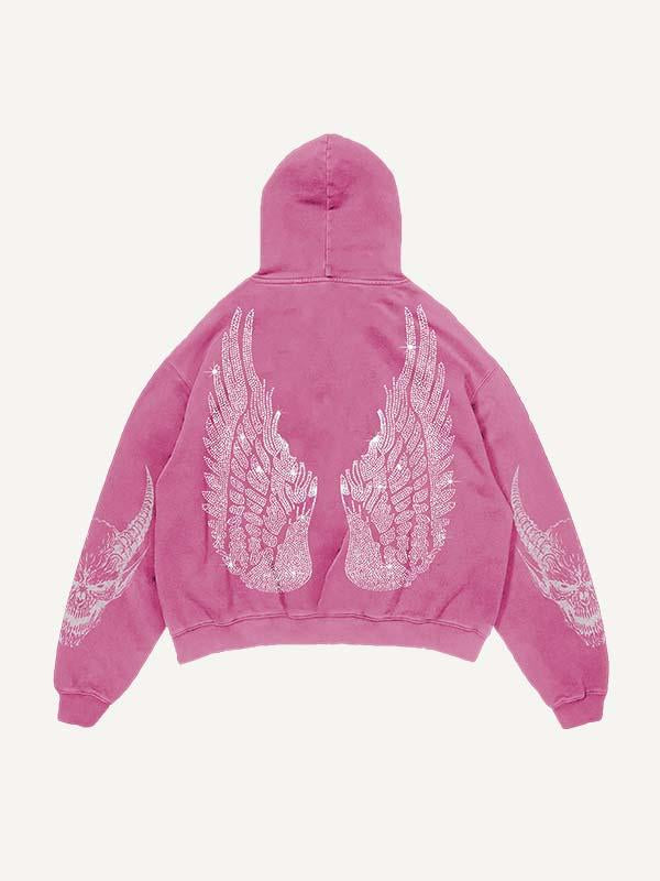 Classic Demon&amp;amp;wing&amp;amp;letter Faux Decal Print Slant Pockets Hoodie